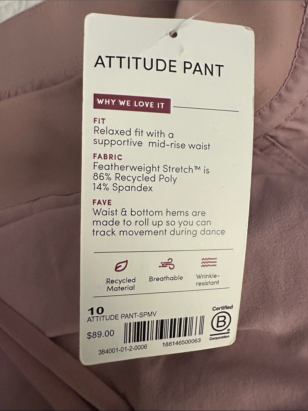 New with Tags NWT Women’s Athleta Attitude Pant – Dusty Rose, Dark Pink